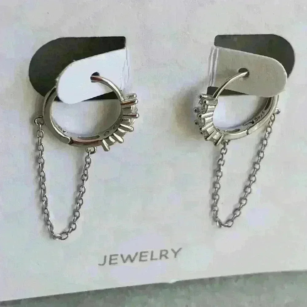 Diamond Paved Silver Huggie Hoop Chain Earrings - Picture 4 of 4